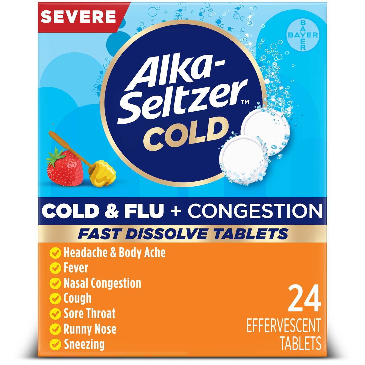 Alka-Seltzer Severe Cold & Flu + Congestion Fast Dissolve Tablets (24 Effervescent Tablets)
