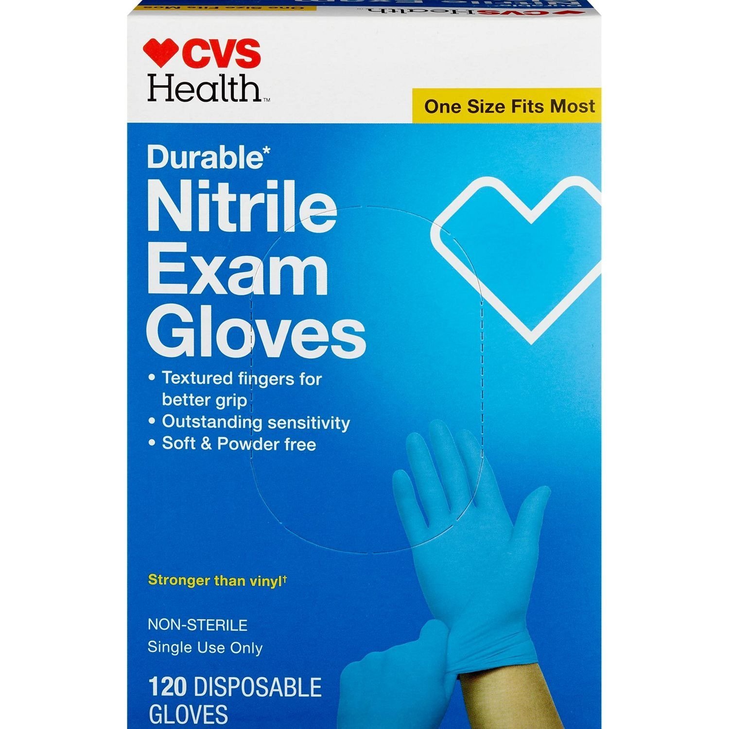 CVS Health Durable Nitrile Exam Gloves (One Size Fits Most, 120 Disposable Gloves)