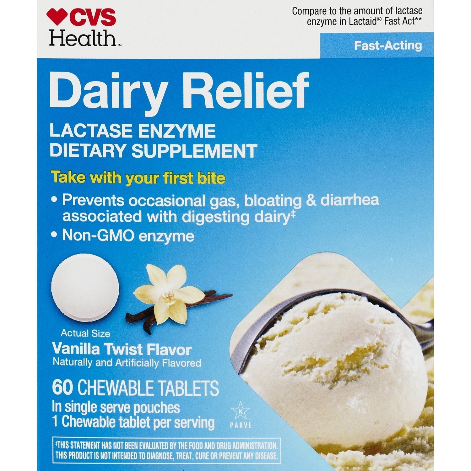 CVS Health Fast Acting Dairy Relief Chewable Tablets, Vanilla Twist, 60 ct