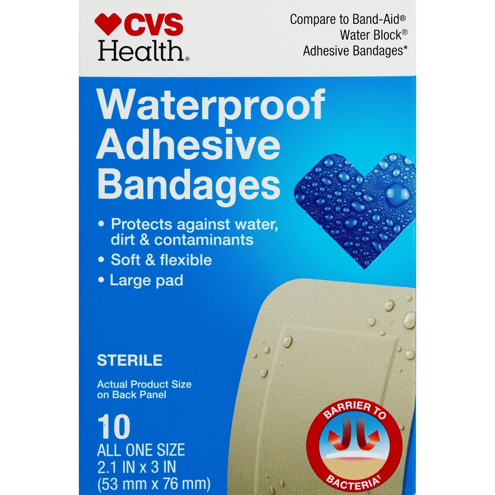 CVS Health Waterproof Adhesive Bandages (All One Size 2.1 in x 3 in, 10 ct)